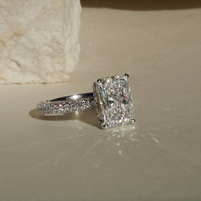 three row pave radiant cut engagement ring in white gold