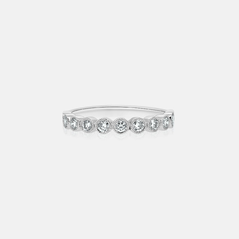 Bezel set round diamond wedding ring with milgraine beading