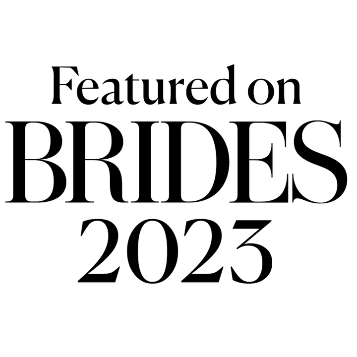 Black text reading "Featured on BRIDES 2023" in elegant serif font on transparent background.