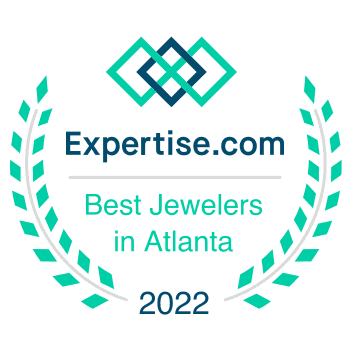 Expertise.com award badge for Best Jewelers in Atlanta 2022 with laurel wreath design.