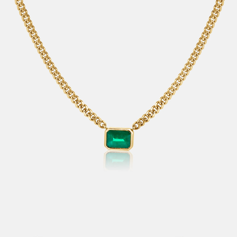 Bezel Set Emerald Necklace On Miami Cuban Chain