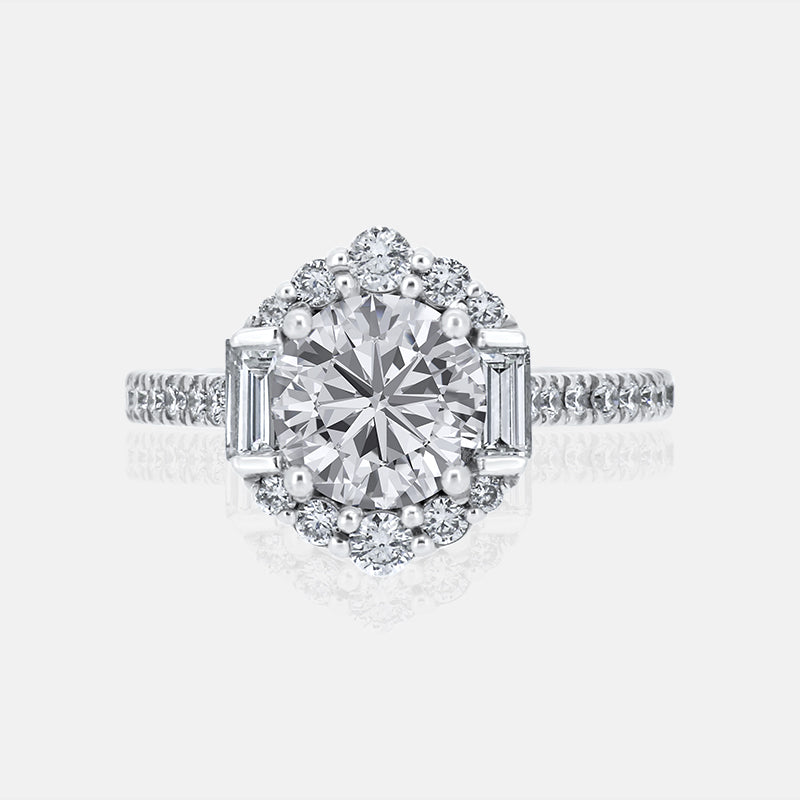 Vintage Inspired Round Halo Engagement Ring with 1.27 carat of Diamonds in 14 Karat White Gold