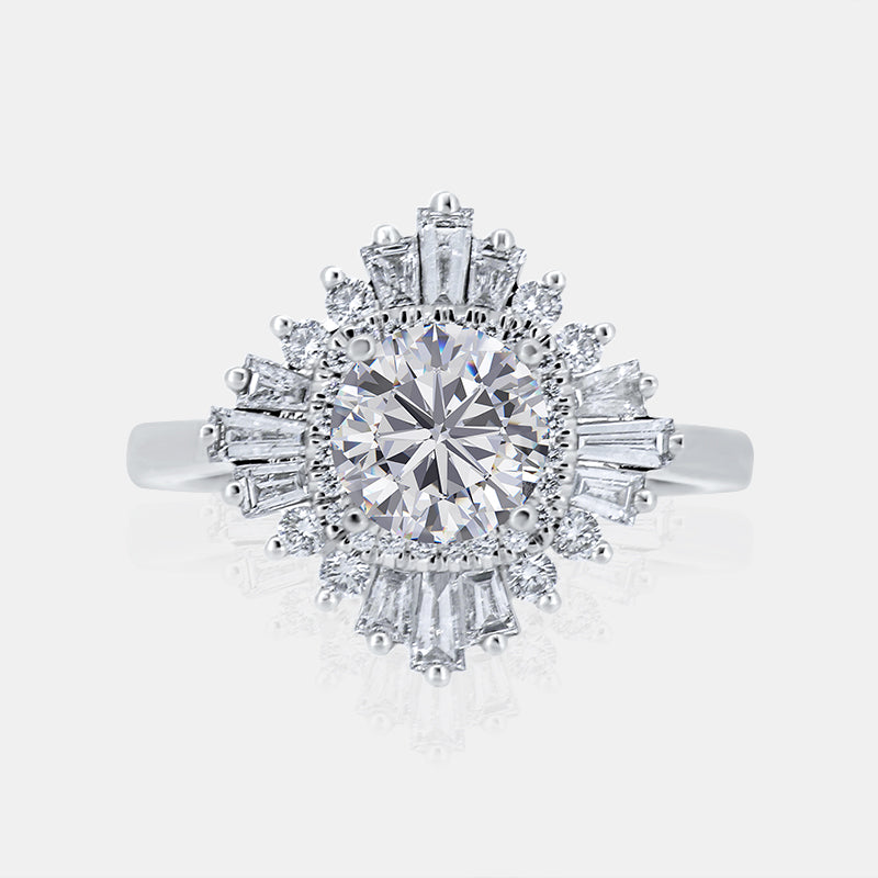 Vintage Inspired Ballerina Halo Engagement Ring with .71 carat of diamonds in 14 Karat White Gold