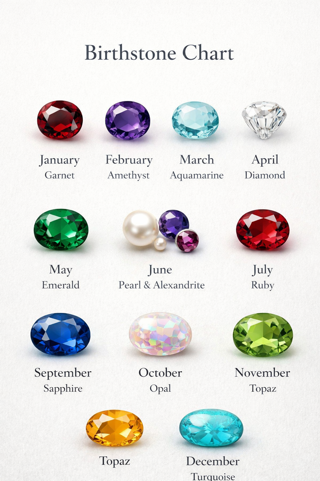 Birthstone chart featuring gemstones and their associated months.