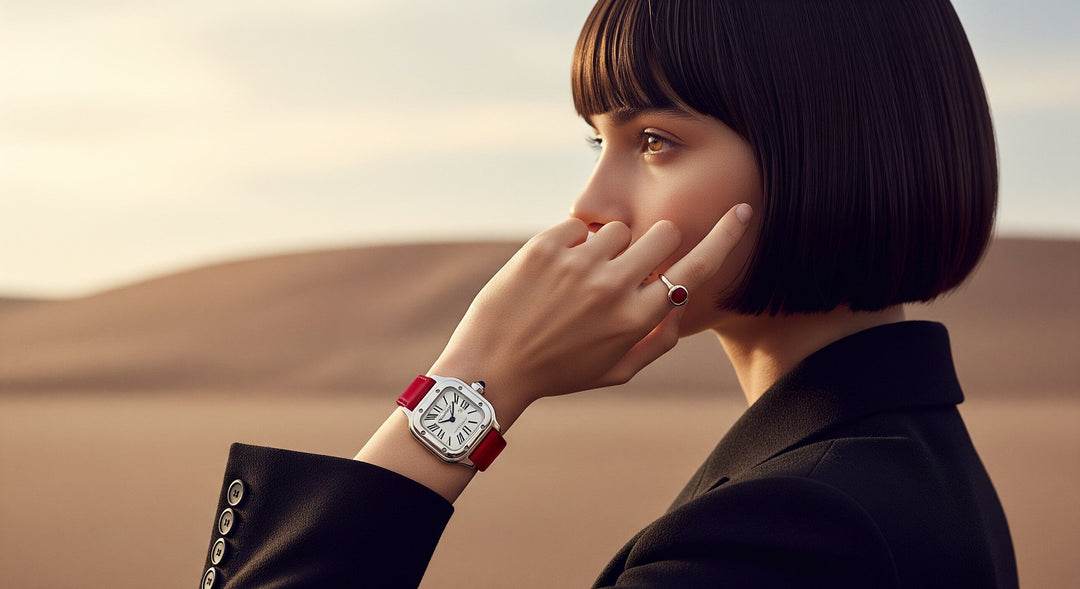 Cartier Santos watch with red strap and ring with gemstone.
