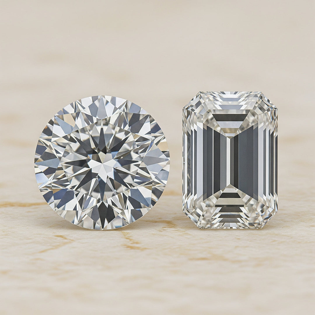 Round and Emerald cut diamonds, facets detail.