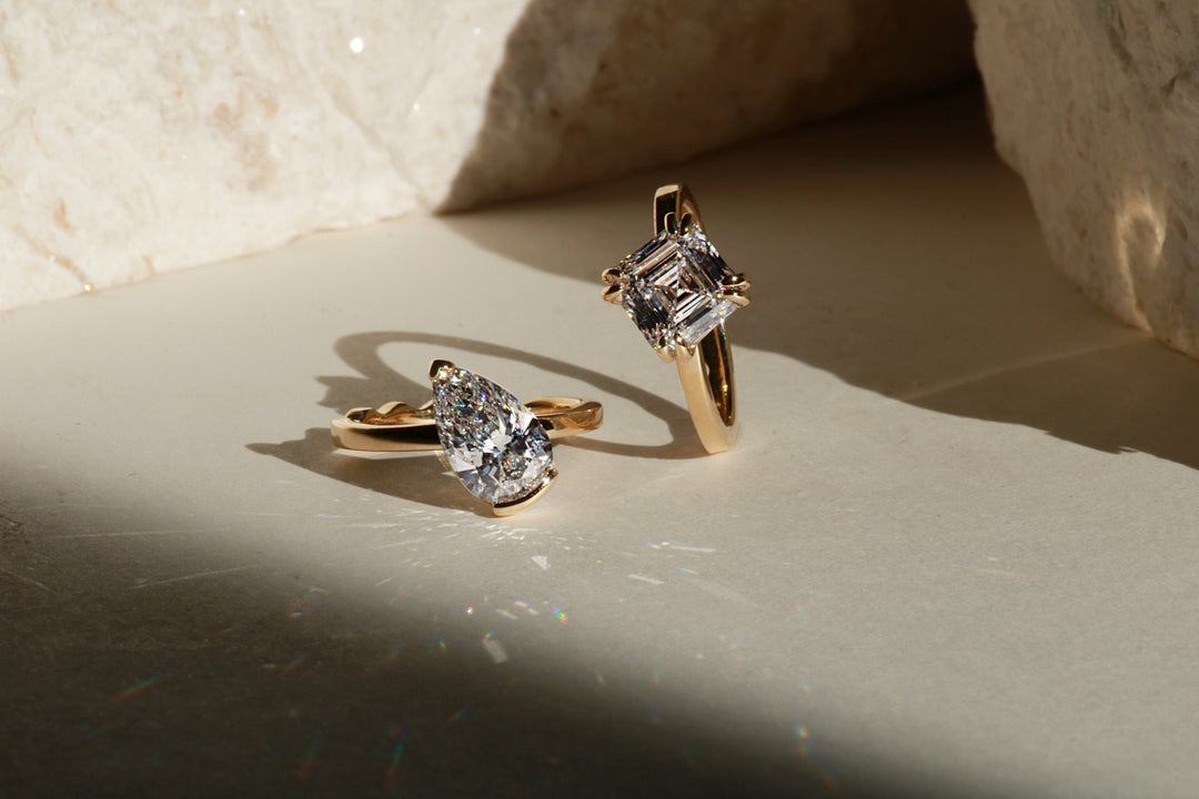 Diamond engagement rings, pear and asscher cut stones