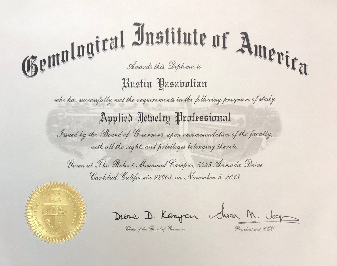 Masina Diamonds' GIA Applied Jewelry Professional certificate.