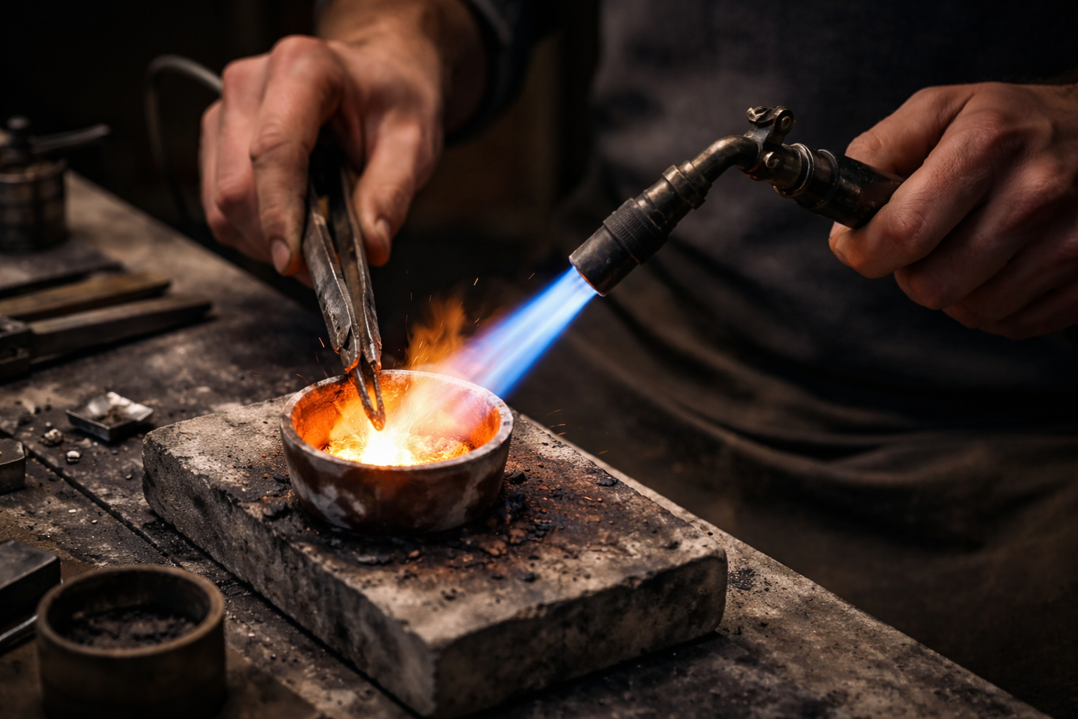 Jeweler melting white gold with blowtorch.