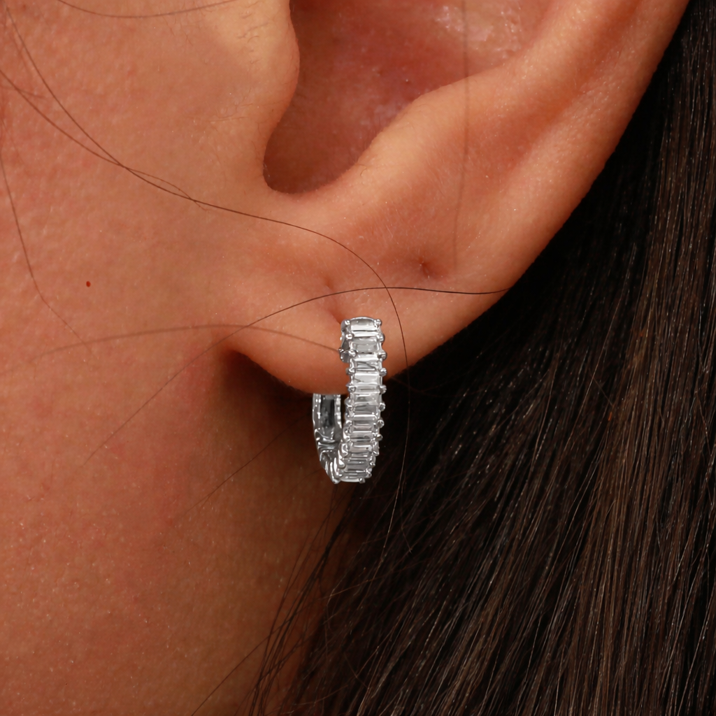 18K White Gold Baguette Diamond Hoop Earrings with .29 carat of diamonds