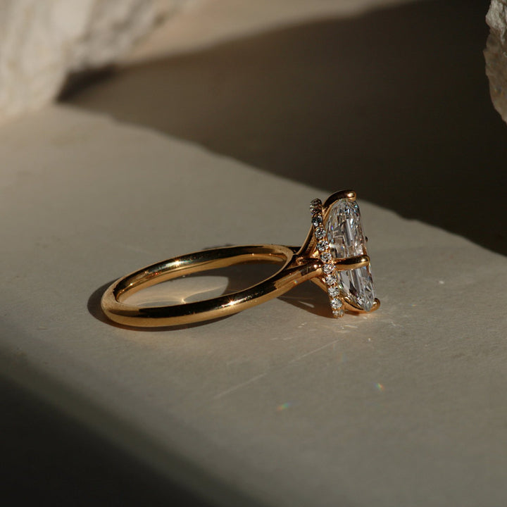 hidden halo radiant cut engagement ring