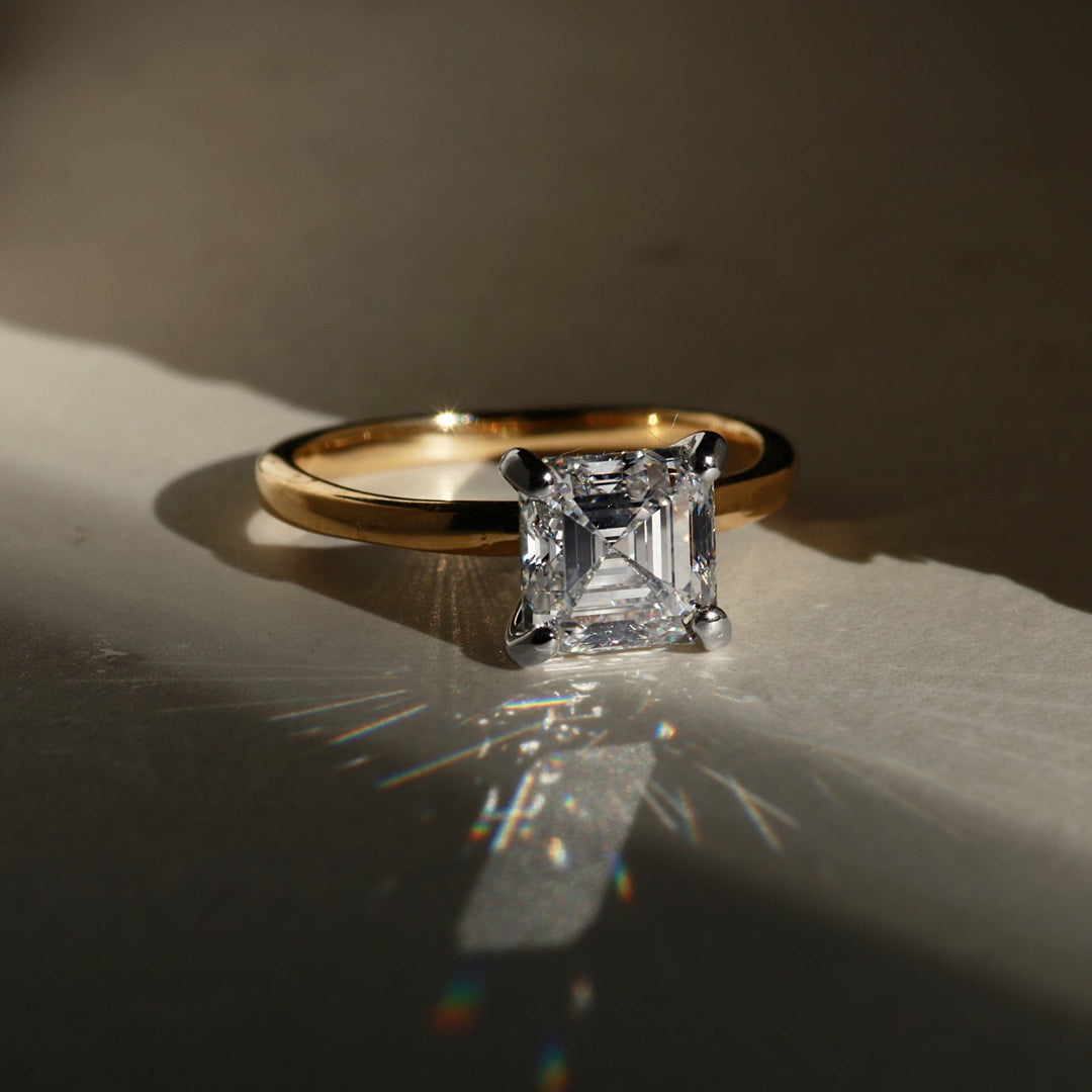 2.00 carat asscher cut solitaire engagement ring in yellow gold