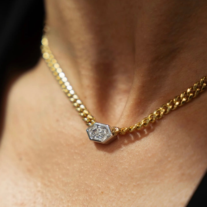 Bezel Set Elongated Hexagon Diamond Necklace With a 2.02 carat diamond