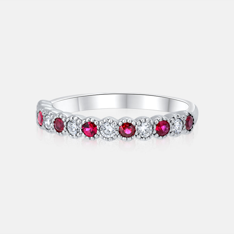 18K White Gold Wedding Band with .20 diamonds, .32ct ruby