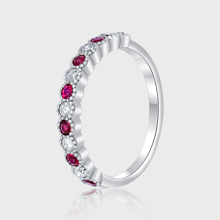 18K White Gold Wedding Band with .20 diamonds, .32ct ruby