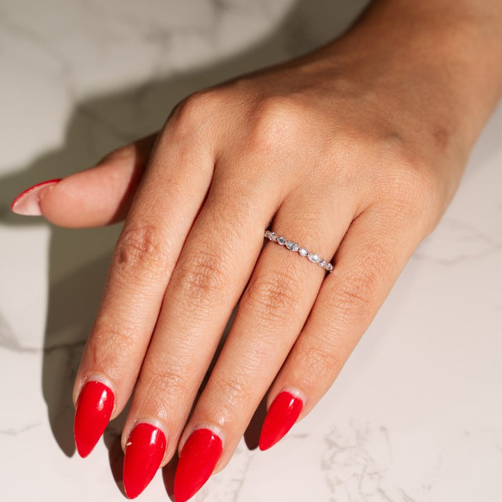 Shared Prong Ladies Wedding Band in 14K White Gold with .50 carats of round and marquise diamonds