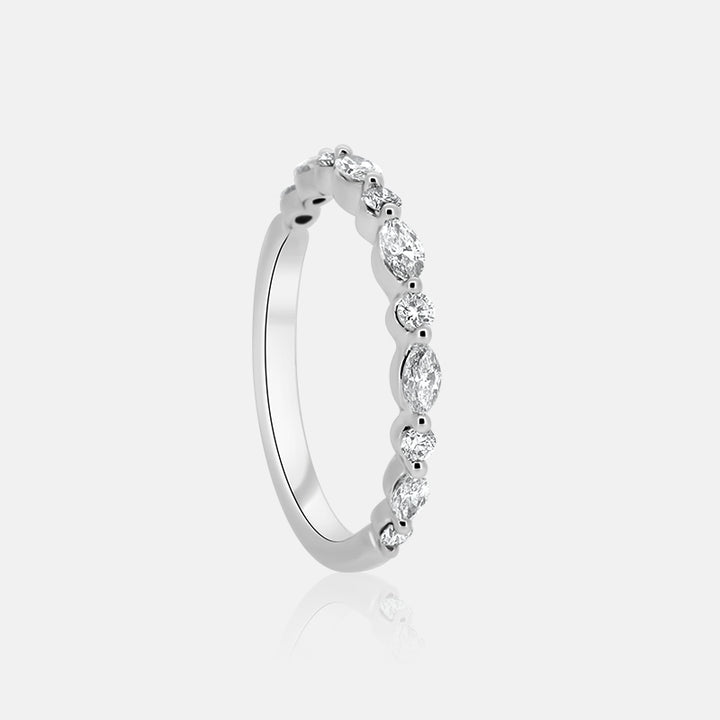 Marquise diamond and round diamond shared prong wedding band in white gold