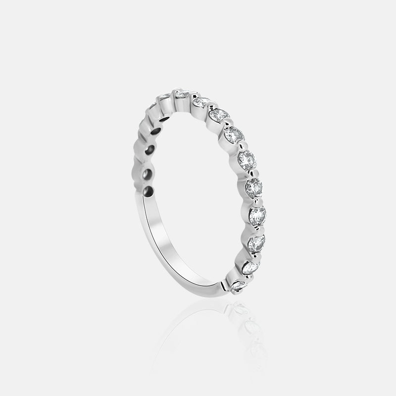 small round diamond shared prong wedding ring in white gold