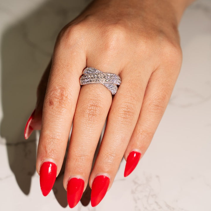 Ladies Right Hand Criss Cross Ring in 14 Karat White Gold with 1.56 Carat of Diamonds