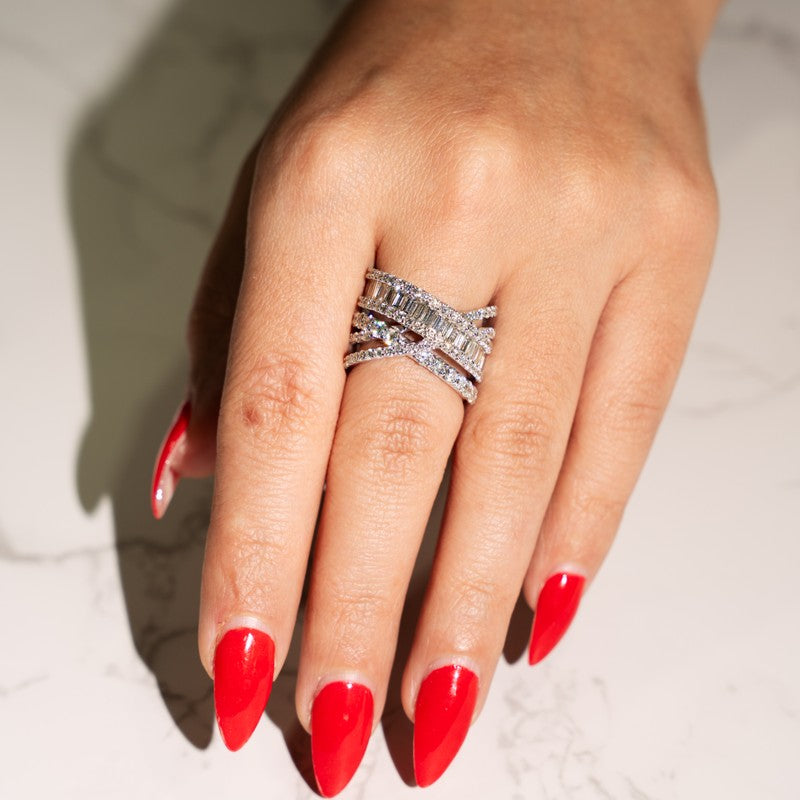 Ladies Right Hand Criss Cross Baguette Ring in 14 Karat White Gold with 2.37 Carat of Diamonds