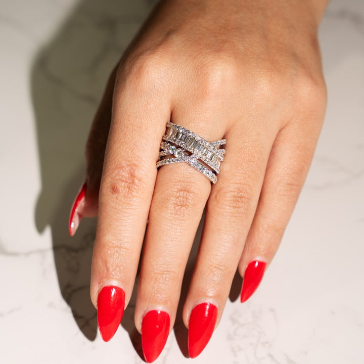 Ladies Right Hand Criss Cross Baguette Ring in 14 Karat White Gold with 2.37 Carat of Diamonds