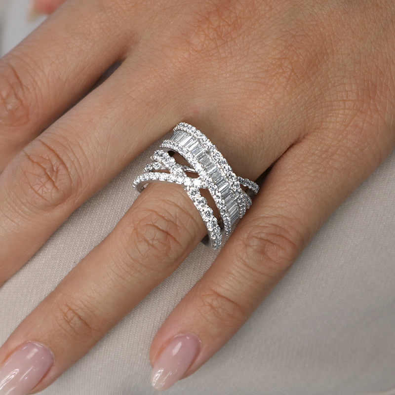 Ladies Right Hand Criss Cross Baguette Ring in 14 Karat White Gold
