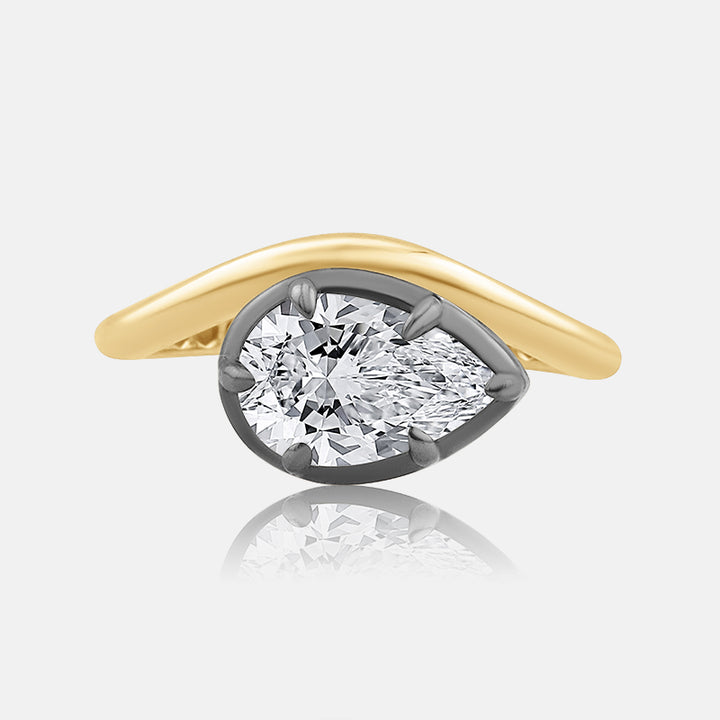 East West Pear Shape Diamond Pinkie Ring in 14 Karat Yellow Gold and Black Rhodium