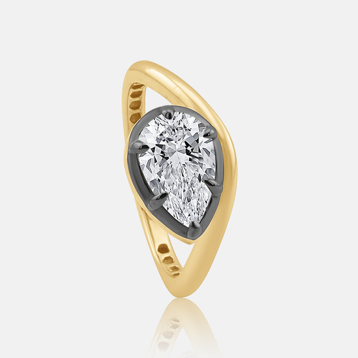 East West Pear Shape Diamond Pinkie Ring in 14 Karat Yellow Gold and Black Rhodium