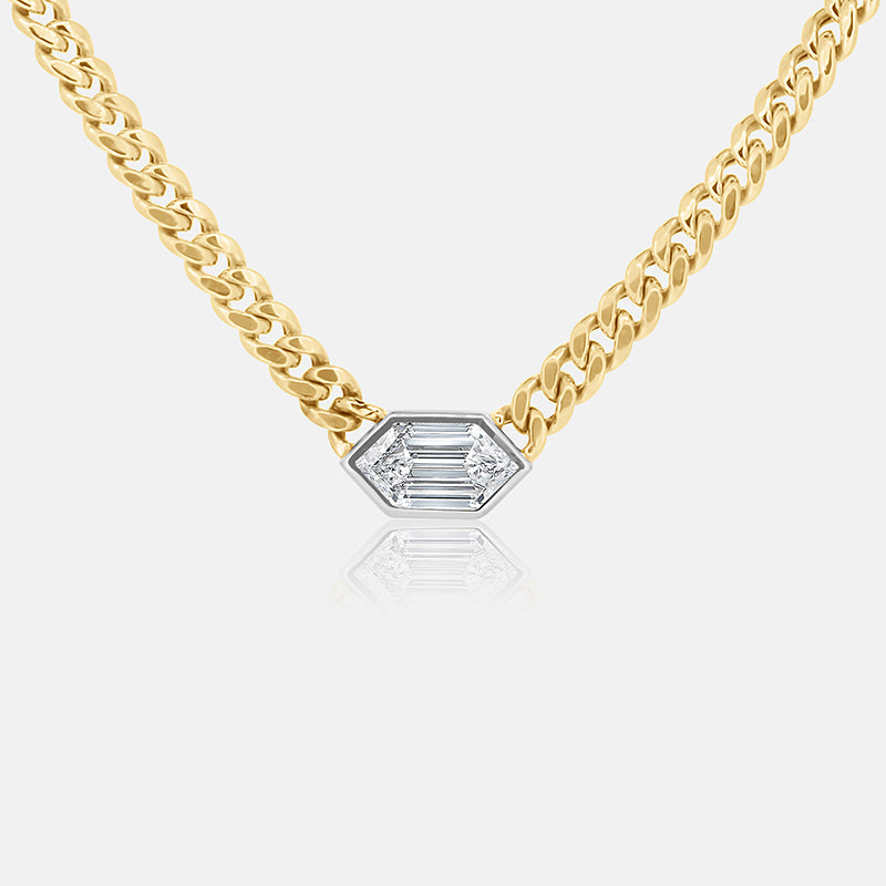 Bezel Set Elongated Hexagon Diamond Necklace With a 2.02 carat diamond