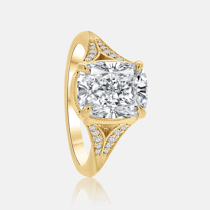 Split shank elongated cushion cut engagement ring