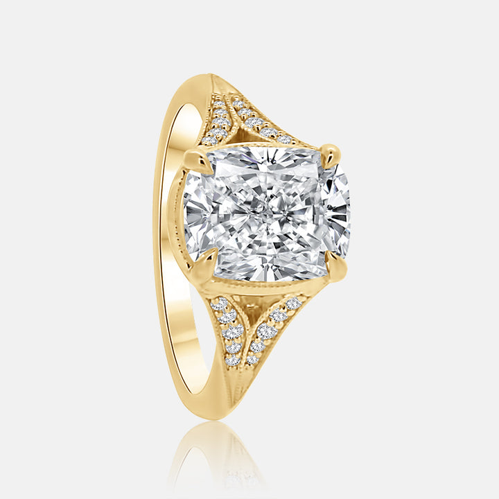 Split shank elongated cushion cut engagement ring