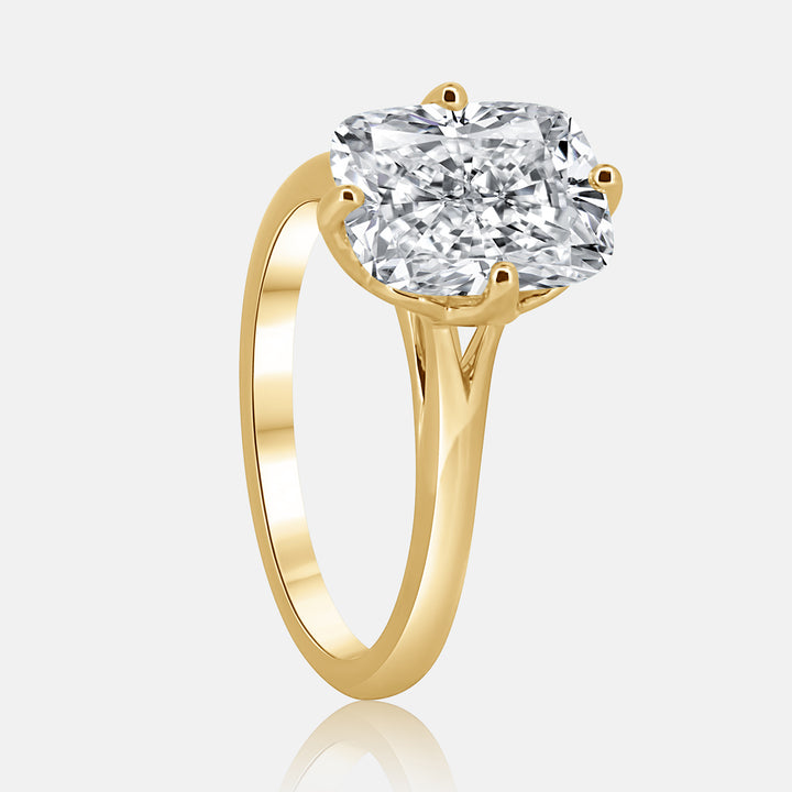 Elongated cushion cut solitaire engagement ring with small split shank

