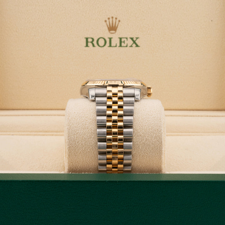 Rolex Datejust 116233 pyramid dial two tone watch jubilee band in a beige rolex watch