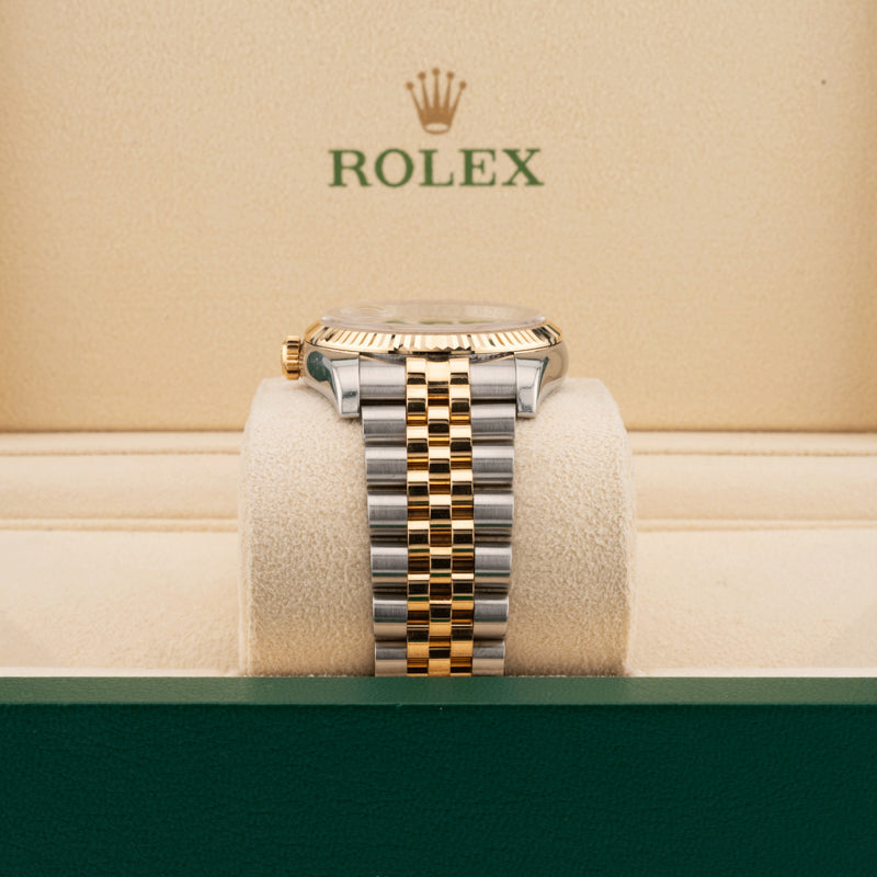 Rolex Datejust 116233 36mm pyramid dial two tone watch jubilee band in a beige rolex watch