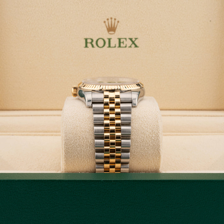 Rolex Datejust 116233 36mm pyramid dial two tone watch jubilee band in a beige rolex watch