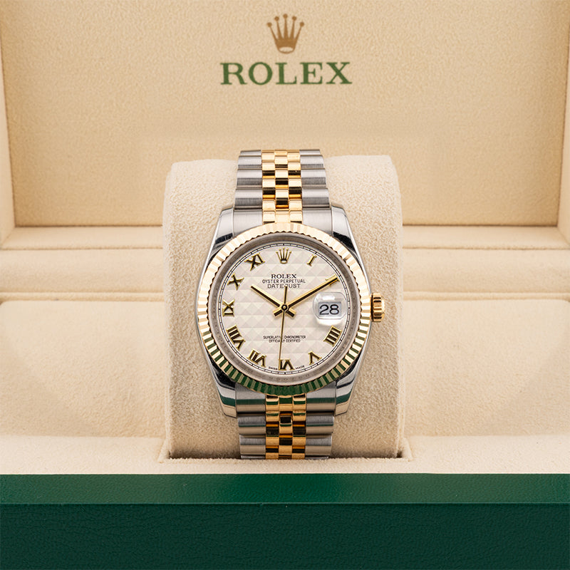 Rolex Datejust 116233 pyramid dial two tone watch in a beige rolex watch