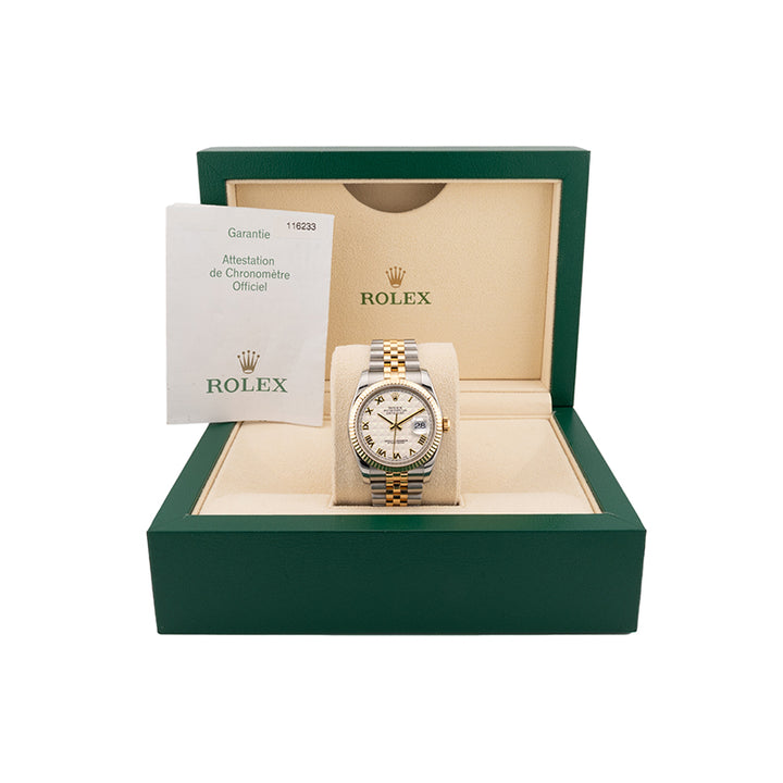 Rolex Datejust 116233 pyramid dial two tone watch jubilee band in a beige rolex box with the rolex paperwork