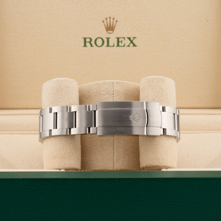 Rolex 124300 Green Dial Oyster perpetual   displaying its clasp in a Rolex beige box 