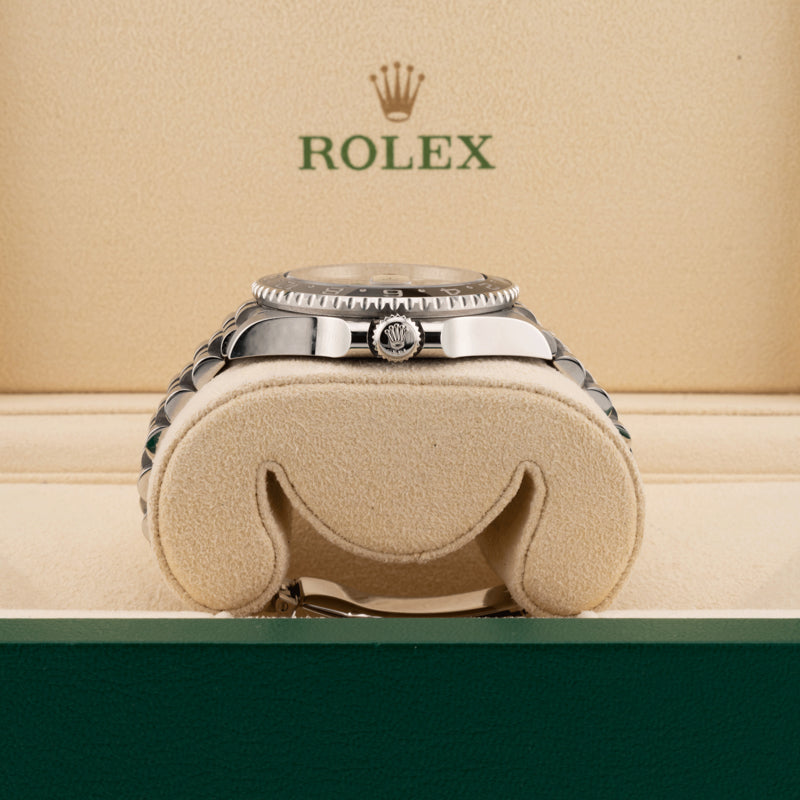 Rolex 126710GRNR jubilee bruce wayne crown displayed in a rolex box 