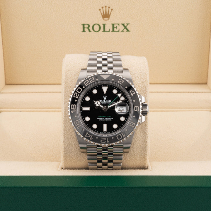 Rolex 126710GRNR jubilee band displayed in a beige Rolex Box