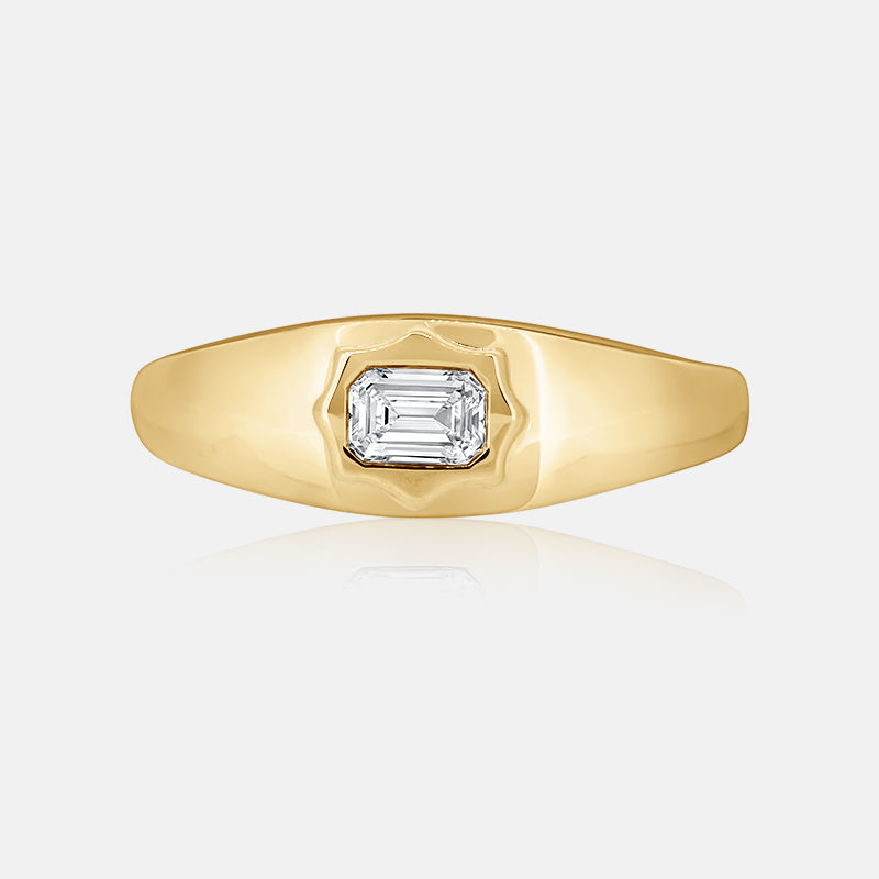 Bezel Set Emerald Cut Diamond Signet ring in yellow gold