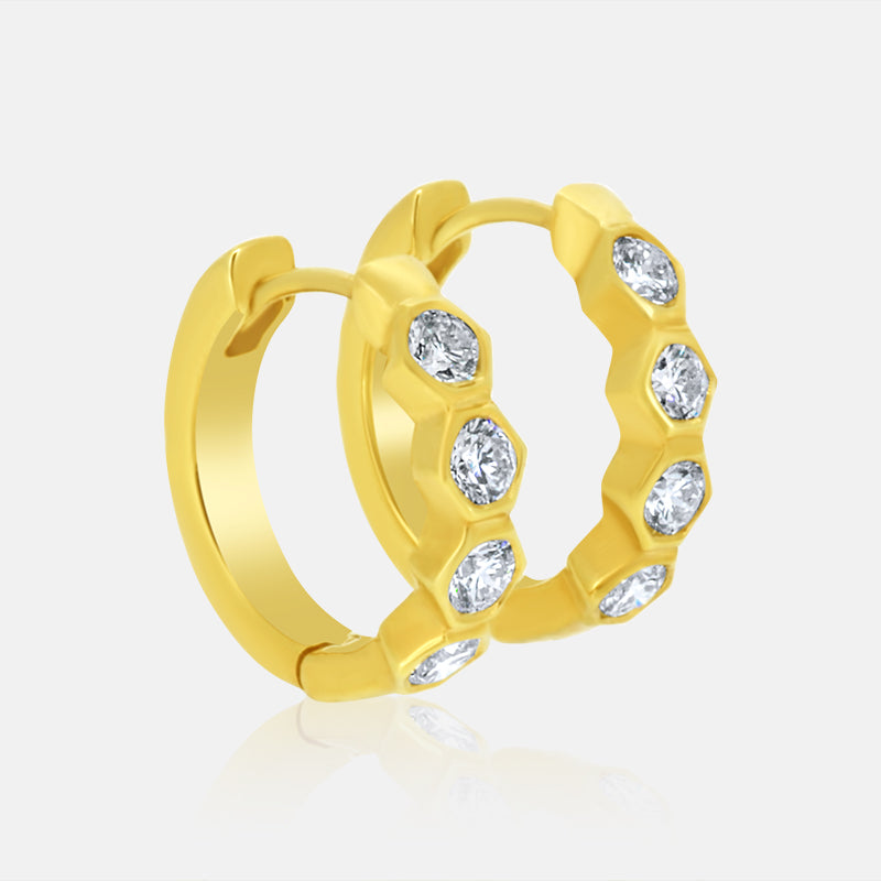 Diamond Hexagon Huggie Earrings in 14K Yellow Gold with .70 carat of diamonds