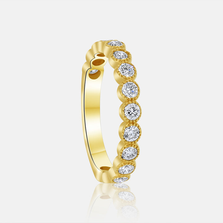 Milgrain Bezel set Wedding Band in 14k yellow gold with .88 carats of diamonds