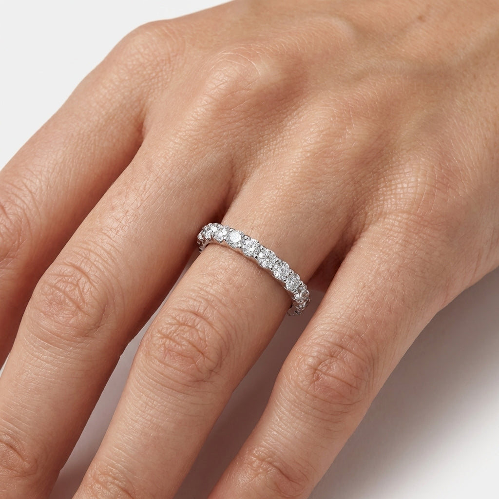 Masina Diamonds classic pavé diamond band in white gold worn on ring finger