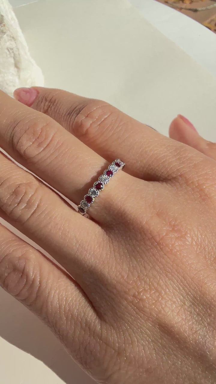 18K White Gold Wedding Band with .20 diamonds, .32ct ruby