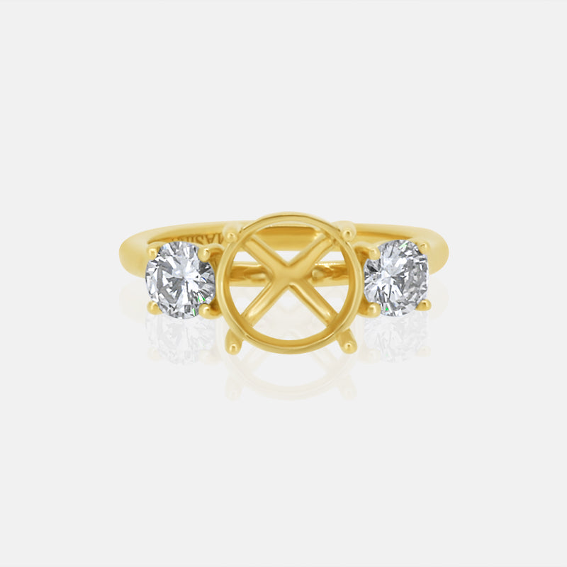 Three Stone with Round Side Stones Mounting in 14k yellow gold with.90 carats of diamonds