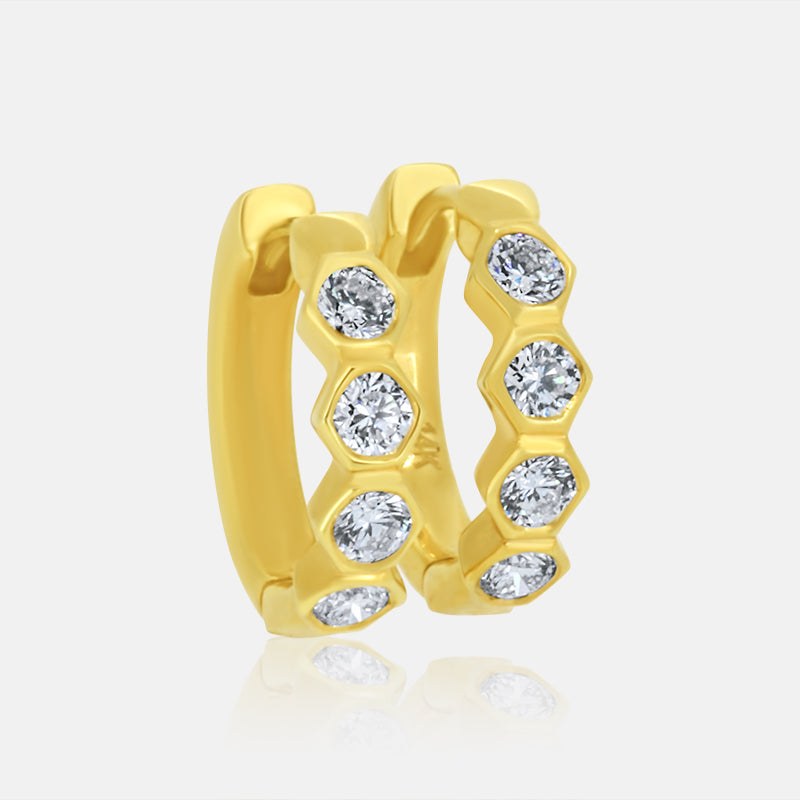 Diamond Hexagon Huggie Earrings in 14K Yellow Gold with .70 carat of diamonds