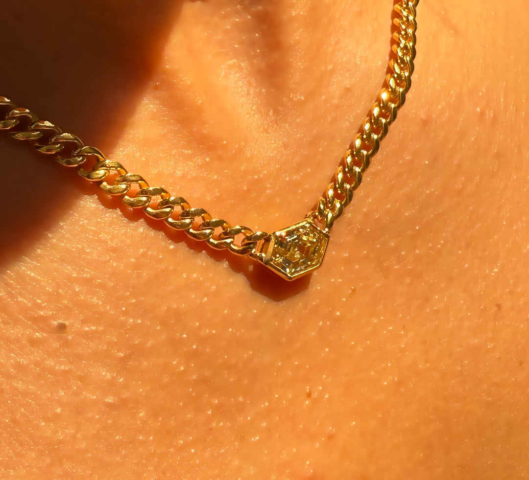 Yellow Hexagon Diamond Bezel Set Necklace with a 2.07 carat Diamond in 14K Yellow Gold