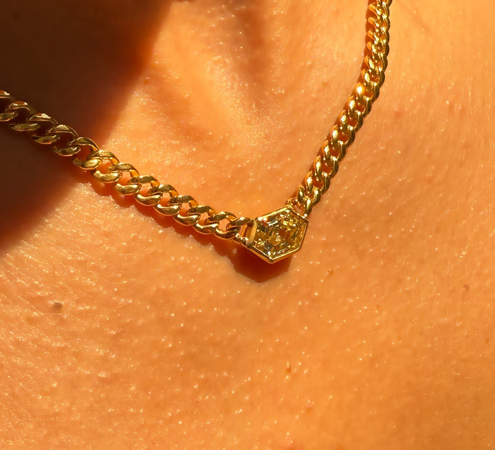 Yellow Hexagon Diamond Bezel Set Necklace with a 2.07 carat Diamond in 14K Yellow Gold