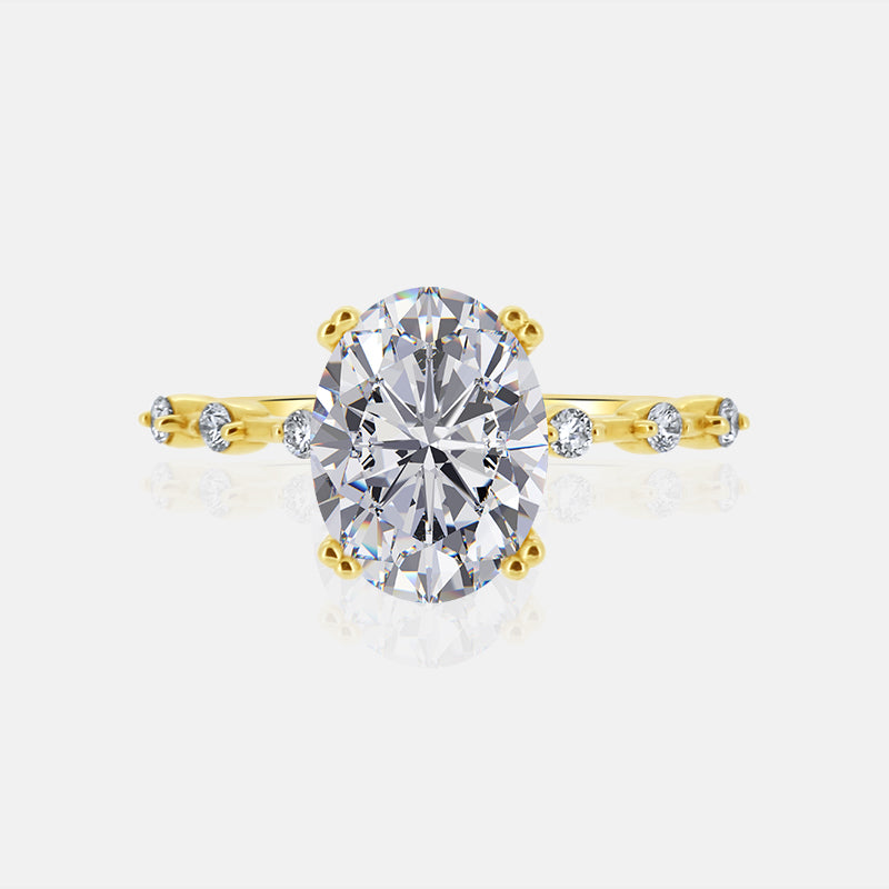 Solitaire Oval Engagement Ring with .15 carat of spaced out round diamond in 14K Yellow Gold